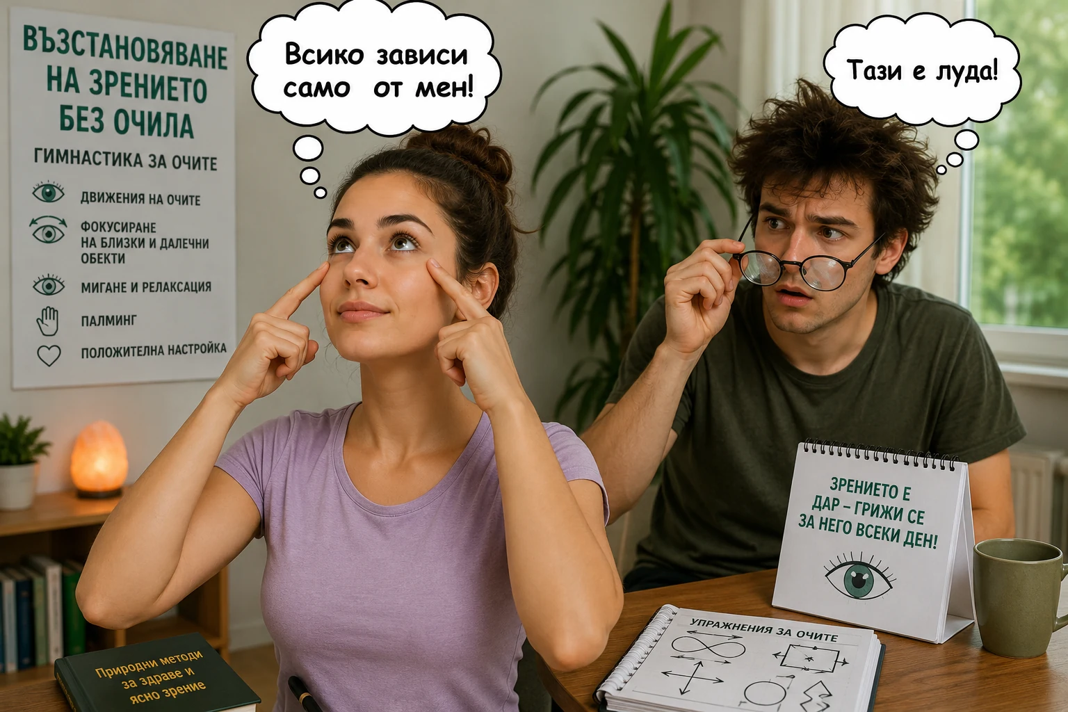 Млада жена прави упражнения за очи, а мъж с очила се съмнява — FreeEYES ежедневна практика за очен комфорт